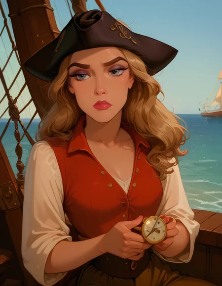<lora:Disney_Style:.9> <lora:princess_xl_v2:.75> <lora:add-detail-xl:.9> <lora:g0th1cPXL:.3> <lora:Cherry-Gig:.45> <lora:Expressive_H:1> <lora:PLASTT_PonyV6:1> <lora:Elizabeth_Swann_ZairaSass_v1:1> score_9, score_8_up, score_7_up, zPDXL, DisneyRenstyle, score_9,score_8_up,score_7_up,score_6_up,
(ocean background, pirate ship, leaning agaisnt wooden railing, ambient light), (sitting, 3/4 view),
1girl, solo, sexy 18 year old, british girl, (Elizabeth Swann, Pirate Disguise), perfect face, beautiful face, defined cheekbones, defined jawline, light brown hair, thick hair, thick dark eyebrows, dark brown eyes, dark lashes, thin lips, nude colored lips,
confused expression, narrow eyes, one hand on hip, perfect hands, 5 fingers, slender waist, tall, slender, sexy,
black tricorne hat, white sleeves, white tunic, red vest, red waistcoat, brown trousers, holding compass, looking at compass,