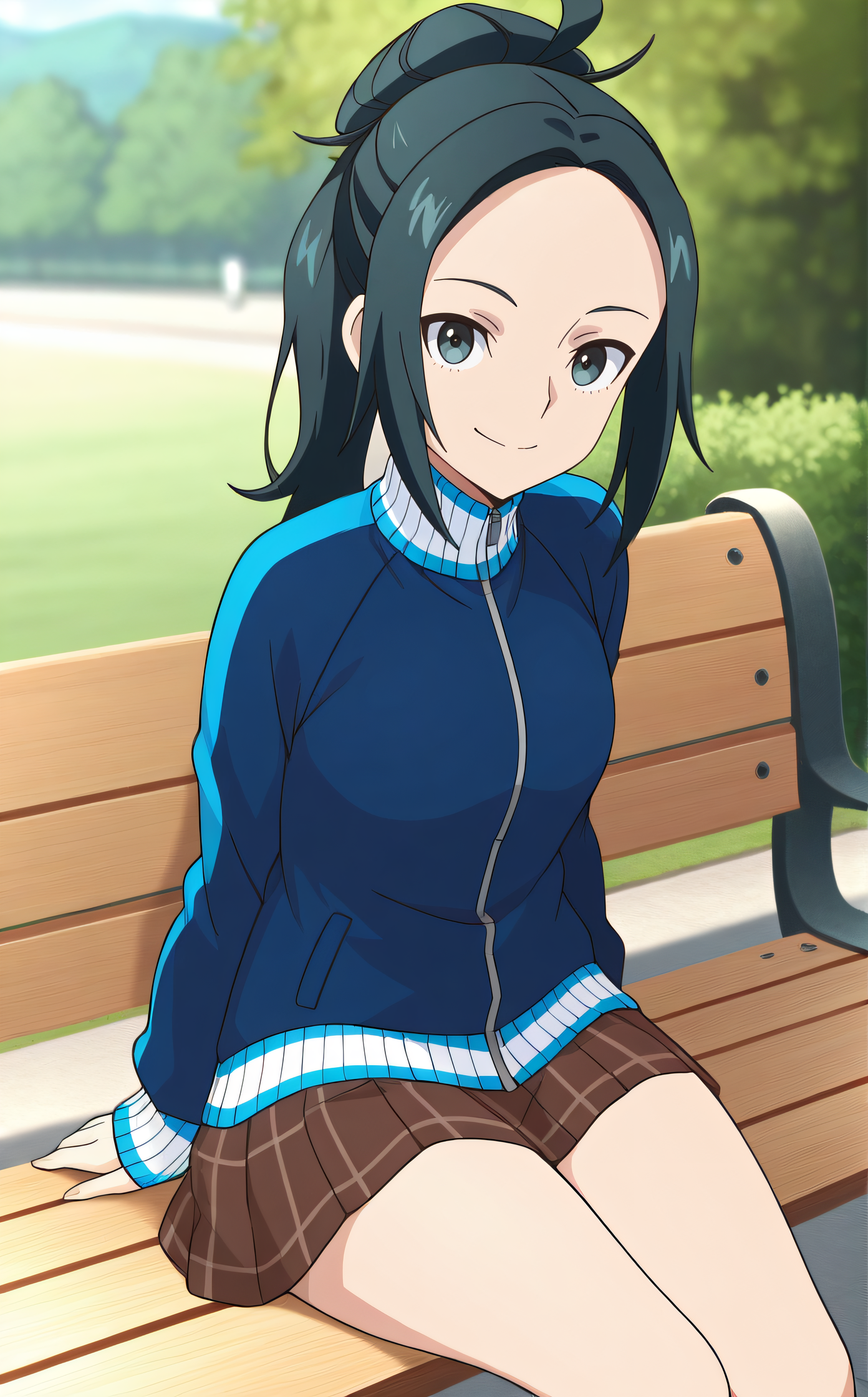 masterpiece, best quality, highres, newest, 1girl, solo, official style, anime screncap, <lora:Mizusawa_Aoi:1>, mizusawa, blue hair, blue jacket, brown plaid skirt, thighs, looking at viewer, smile, outdoor, cowboy shot, sitting on bench