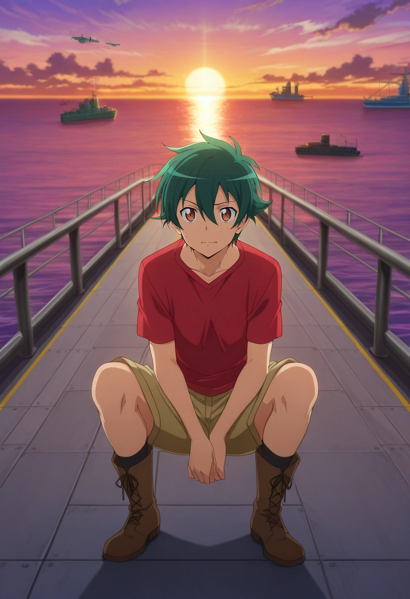 masterpiece, best quality, intricate details, anime screencap, anime coloring, official style, , 1boy, solo, male focus, <lora:sadao_maou_ilxl:0.92>, sadao_maou, green hair, brown eyes, s2, short hair, hair between eyes, sky dock, airships, cloud sea, loading cargo, working pose, busy expression, sunset, Cargo shorts, Long-sleeve shirt, Chukka boots, ,