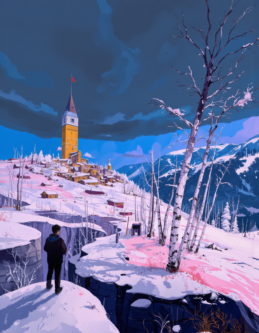 Art by Ismail Inceoglu. A digital illustration shoot from a bird's eye view about a snowy landscape with a distant city and a tall tower in the distance. the scene is set in a mountainous area with snow-covered trees and distant buildings. on the right side of the image, a lone figure stands on a hill, looking out over the snowy landscape. the figure appears to be a young adult, with no clothing or accessories, and is facing away from the viewer. they are wearing a black jacket and pants, and have their hands together in a contemplative pose. in the background, there is a tall, yellow tower with a pointed top, surrounded by smaller buildings and bare trees. the sky is filled with dark, ominous clouds, and the overall color palette is predominantly blue and pink, with hints of purple and white. the overall atmosphere is cold and desolate, with a sense of isolation and solitude.