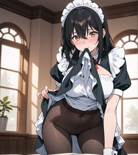 masterpiece,best quality,amazing quality,very aesthetic,absurdres,newest, huge filesize,
<lora:spo_sdxl_10ep_4k-data_lora_webui:0.5>,<lora:add-detail-xl:1>. flat color, anime screenshot,  volumetric lighting, depth of field,
<lora:skirt in mouth_illustrious_V1.0:0.5> skirt in mouth, skirt lift, mouth hold,
 maid, maid apron, maid headdress, puffy sleeves, pantyhose,
BREAK
 blushing, yukina,sexy, large breasts, 
<lora:illustrious_XL_yukina:0.7>