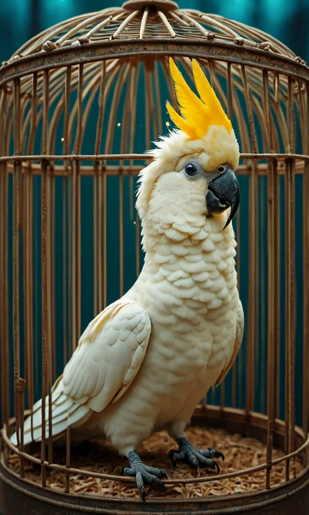 cinematic still macroshot, A cockatoo in a birdcage, EZRealPONYXL . emotional, harmonious, vignette, 4k epic detailed, shot on kodak, 35mm photo, sharp focus, high budget, cinemascope, moody, epic, gorgeous, film grain, grainy, macroshot, A cockatoo in a birdcage, EZRealPONYXL, magical, cute, intricate, elegant, highly detailed, wonderful colors, sharp focus, epic composition, joyful, surreal, beautiful, dramatic, background, reflected, rich deep vibrant brilliant light, cinematic, symmetry, great contemporary fine detail, ambient, dynamic, sleek futuristic translucent