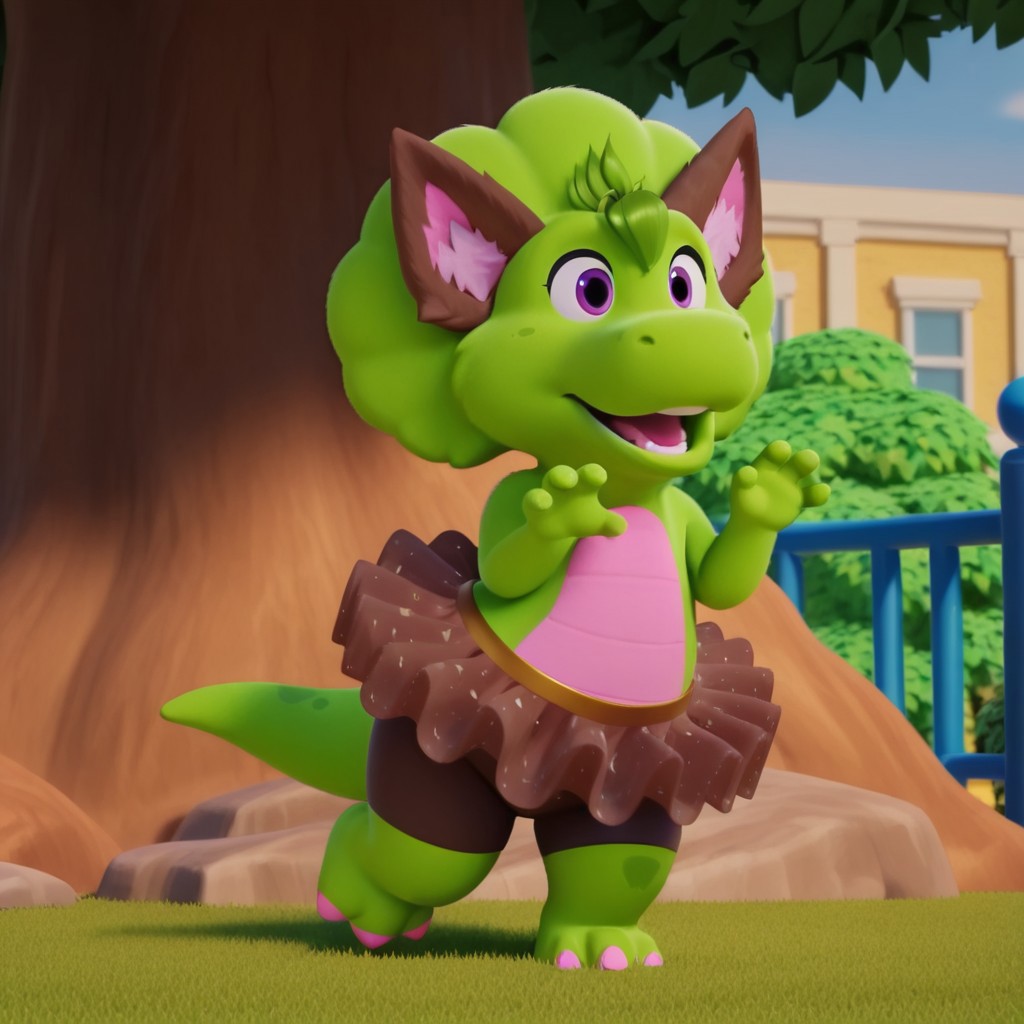 ((masterpiece, best quality, amazing quality,))  bopbwil, semi-anthro, female, dinosaur, green skin, green hair tuft, purple eyes, solo, outside, full body, wolf ears, brown tutu, brown bike shorts, hands up, howling at moon