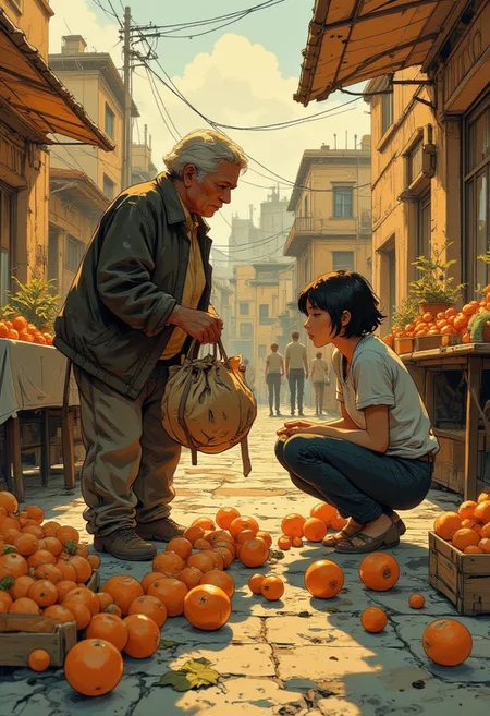 An oil painting depicting a round old Italian woman bending over to pick up her assortment of vegetables from the Tuscan market behind her. They are scattered on the ground and she holds an empty grocery bag. A young woman squats on knee next to her, reaching to retrieve her items off the floor. Golden hour light.