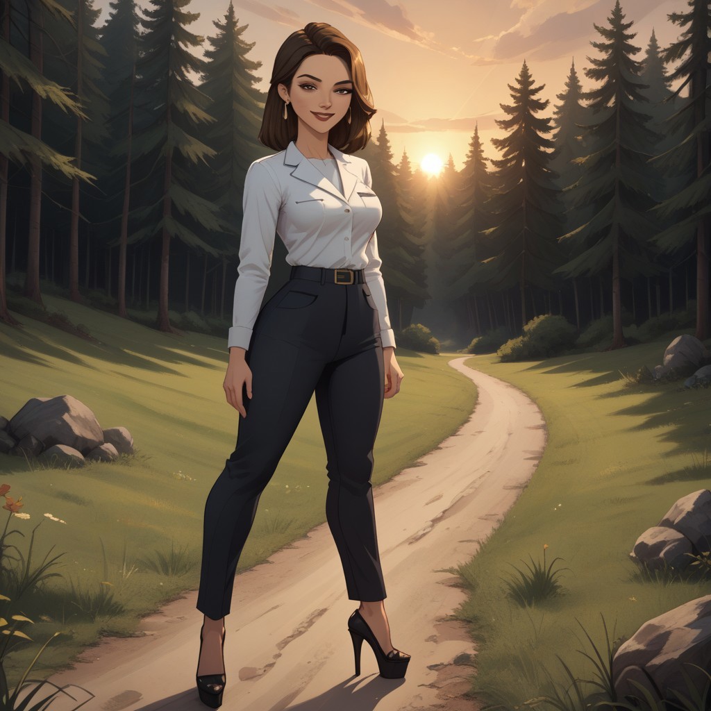 score_9, score_8, BREAK, solo, brown hair, brown eyes, brown eyeshadow, makeup, lipstick, mole under mouth, earrings, black office uniform, white shirt underneath, black pants, black high heels, breasts, Amelie_(Disventure_Camp), sexy pose, self portrait, smile, looking at viewer, outdoors, sunlight, shadows, evening lighting, natural lighting, forest, trees, grass, orange sky, sunset