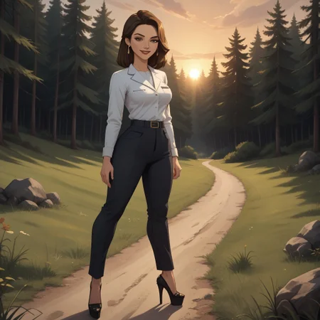score_9, score_8, BREAK, solo, brown hair, brown eyes, brown eyeshadow, makeup, lipstick, mole under mouth, earrings, black office uniform, white shirt underneath, black pants, black high heels, breasts, Amelie_(Disventure_Camp), sexy pose, self portrait, smile, looking at viewer, outdoors, sunlight, shadows, evening lighting, natural lighting, forest, trees, grass, orange sky, sunset