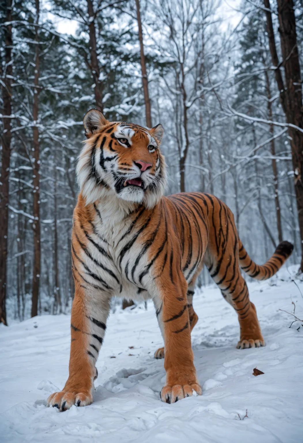 score_9, score_8_up, score_7_up, (best quality, ultra-detailed, realistic), hyper-detailed tiger in a snowy forest, its fur frosted with ice, steam rising from its breath, dynamic angle, dynamic pose
