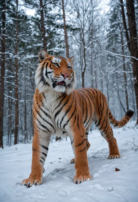 score_9, score_8_up, score_7_up, (best quality, ultra-detailed, realistic), hyper-detailed tiger in a snowy forest, its fur frosted with ice, steam rising from its breath, dynamic angle, dynamic pose