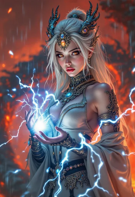 cinematic film still, fantasy art, , human Chinese female sorceress , hints to her true form as a dragon , fantasy , Chinese themed dragon battle armor, , grim dark, freckles,fire eyes, , silver hair, powerful, standing on a wall, red sky , sky on fire, rain, athletic, pale skin, controlling lightning with her hands ,, dynamic superhero pose , volumetric lighting, , beautiful face, goddess , detailed face, realistic, hyper realistic art A mesmerizing image capturing the essence of timeless Ethereal beauty <lora:aidmaFLuxPro1.1_v0.3:0.65> aidmafluxpro1.1