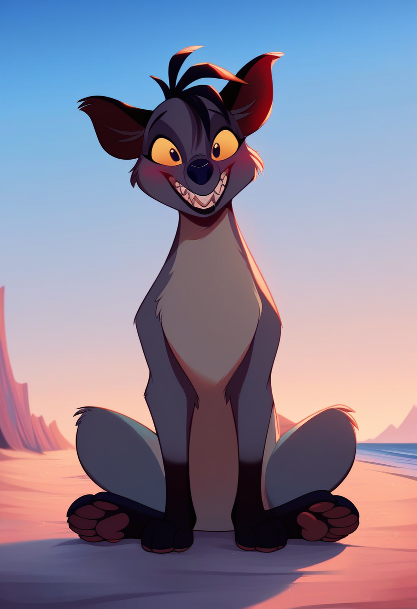 zPDXL, score_9,score_8_up,score_7_up,_up, best quality, amazing quality, masterpiece, 1girl, looking at viewer, solo, fullbody, cute smile, cute, blush, shenzi, hyena,yellow eyes, grey fur,  sharp teeth, saliva, furry female, blue sky, beach, day, skyline, contour_deepening,depth of field, huge filesize,wallpaper background,(flat color),big breasts, sitting, pawpads,  <lora:shenzi:1>