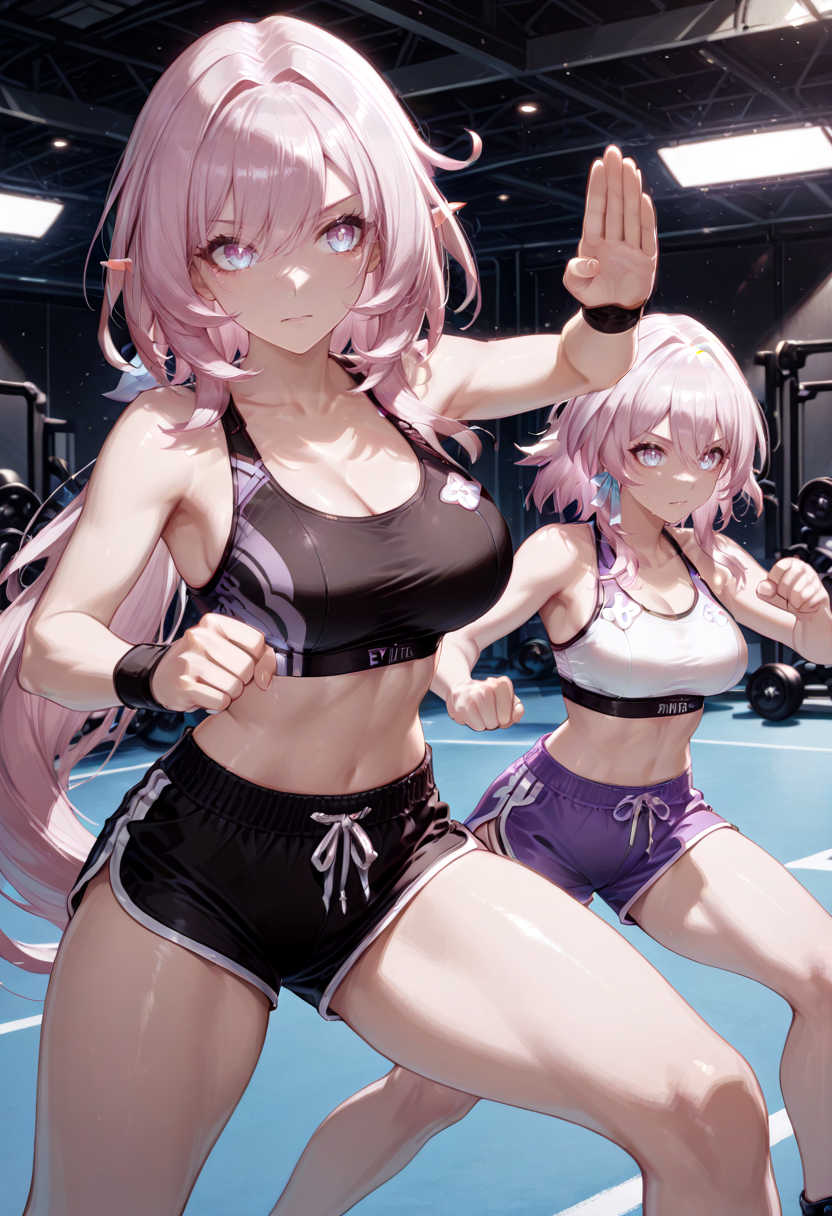 masterpiece, newest, absurdres, best quality, hires, 2girls, march 7th \(honkai starrail\), elysia \(honkai impact\), fighting stance, sports bra, dolphin shorts
