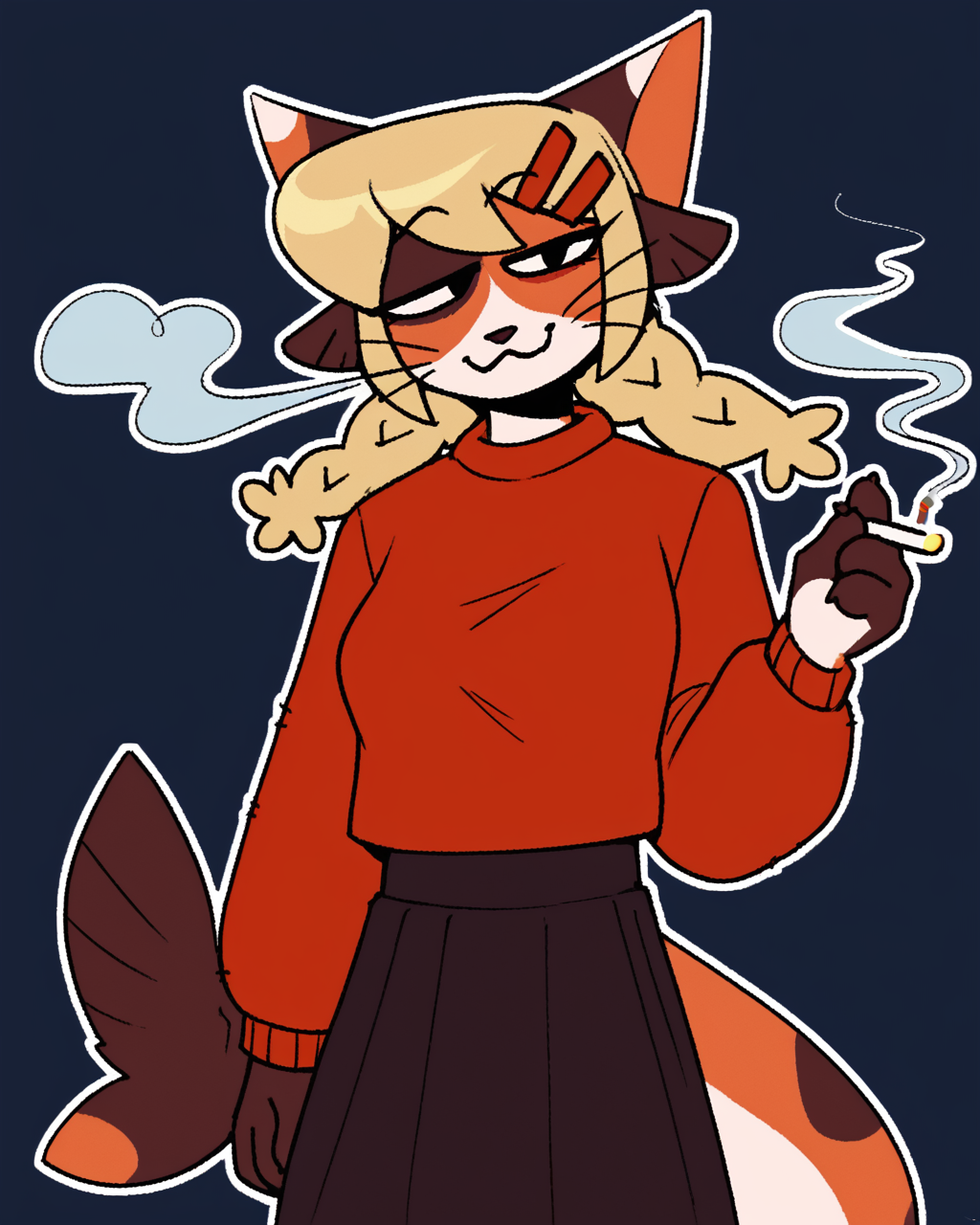 score_9_up, score_8_up, score_7_up, score_6_up, by remanedur,  female, blonde hair, cat, braids, tail, medium breasts, red sweater, twin braids, furry, skirt, hair clip, fish tail, marijuana, smoking, bong, half-closed eyes, looking at viewer, happy, smug, smile, head tilt, solo, three-quarter view, simple background, white outline,  <lora:Leah_Pines(AIM)_XL_v1:0.15> <lora:PDXL_artist_tags_v2_big:0.5> <lora:The-Minuscule-Task_PDXL_v1.0:0.6>  <lora:Catfish_eviex_01:0.7>