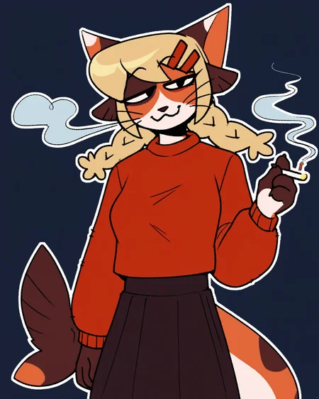 score_9_up, score_8_up, score_7_up, score_6_up, by remanedur, female, blonde hair, cat, braids, tail, medium breasts, red sweater, twin braids, furry, skirt, hair clip, fish tail, marijuana, smoking, bong, half-closed eyes, looking at viewer, happy, smug, smile, head tilt, solo, three-quarter view, simple background, white outline, <lora:Leah_Pines(AIM)_XL_v1:0.15> <lora:PDXL_artist_tags_v2_big:0.5> <lora:The-Minuscule-Task_PDXL_v1.0:0.6> <lora:Catfish_eviex_01:0.7>