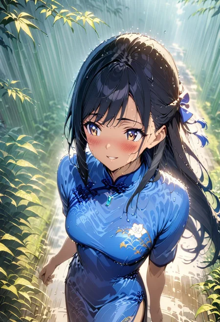 gorgeous lips, cinematic, (masterpiece), (best quality), (ultra-detailed), very aesthetic, illustration, perfect composition, intricate details, absurdres, detailed face, (anime, masterpiece, intricate:1.3), (best quality, hires textures, high detail:1.2)side angle, from the side, outdoors
BREAK, a anime girl with very long black hair, straight hair styled in a half up do, Chinese bamboo forest, 1girl, solo, side swept bangs, medium breasts, long hair, black hair, looking at up, walking, blue long flowing silk cheongsam, XCYP Cheongsam beauties, sapphire necklace, hair ribbon, blue back head hair bow, smiling, hair blowing in the wind, cheongsam blowing in the wind, blush, full shot, collarbone, plants, brown eyes, perfect eyes, beautiful creek in the background, afternoon time, raining, heavy rain, wet hair, cinematic lighting, dolly shot,
