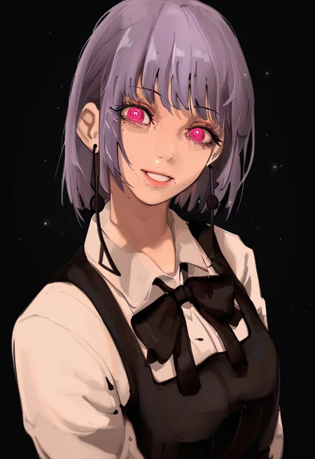masterpiece, best quality, cowboy shot, 
 <lora:Mamimi:1> M4m1m1,fami, ringed eyes, pink eyes, short hair, pale_purple_hair, triangle earrings, school uniform, black dress, pinafore dress, sleeveless dress, white shirt, black ribbon, neck ribbon, long sleevesdramatic lighting,light particles,dark theme,black background,simple background, best quality,amazing quality,very aesthetic,absurdres,beast quality,masterpiece, smiling,Mamimi