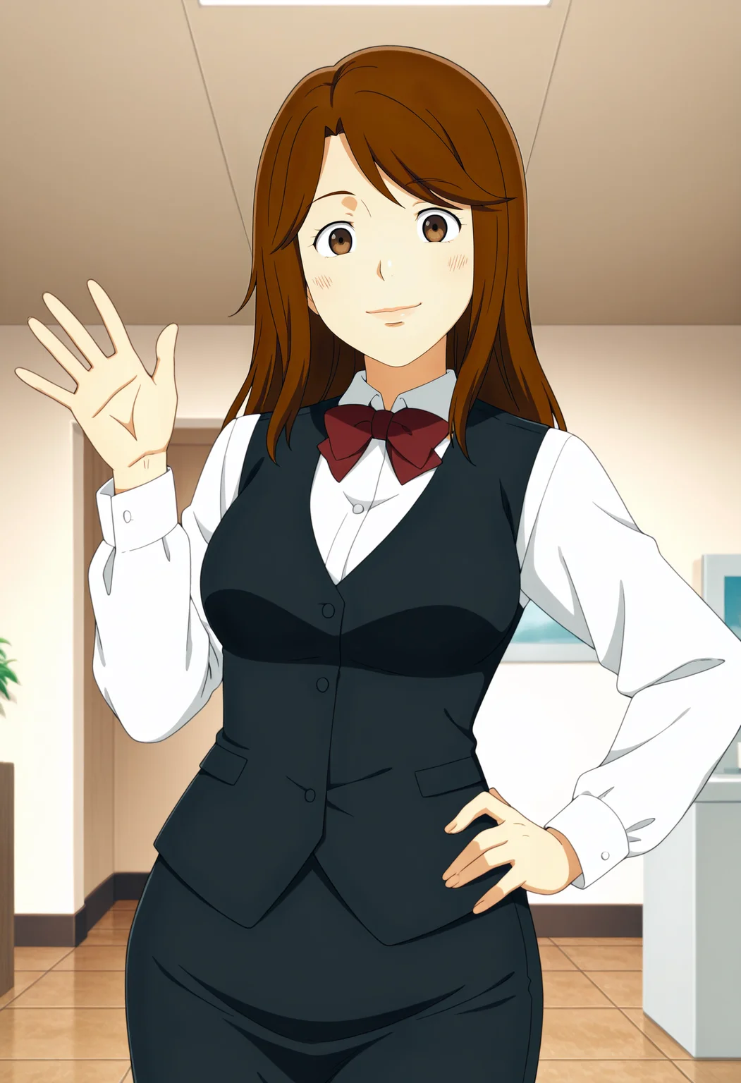 1girl,solo,mm,mature female,long hair,brown hair,brown eyes,anime coloring,
office lady,uniform,bow,vest,white shirt,bowtie,pencil skirt,hand on own hip, waving,looking at viewer, smile,indoors
,masterpiece,best quality,amazing quality,<lora:Mami_Yamaguchi-Thermae_Romae_Novae:0.8>