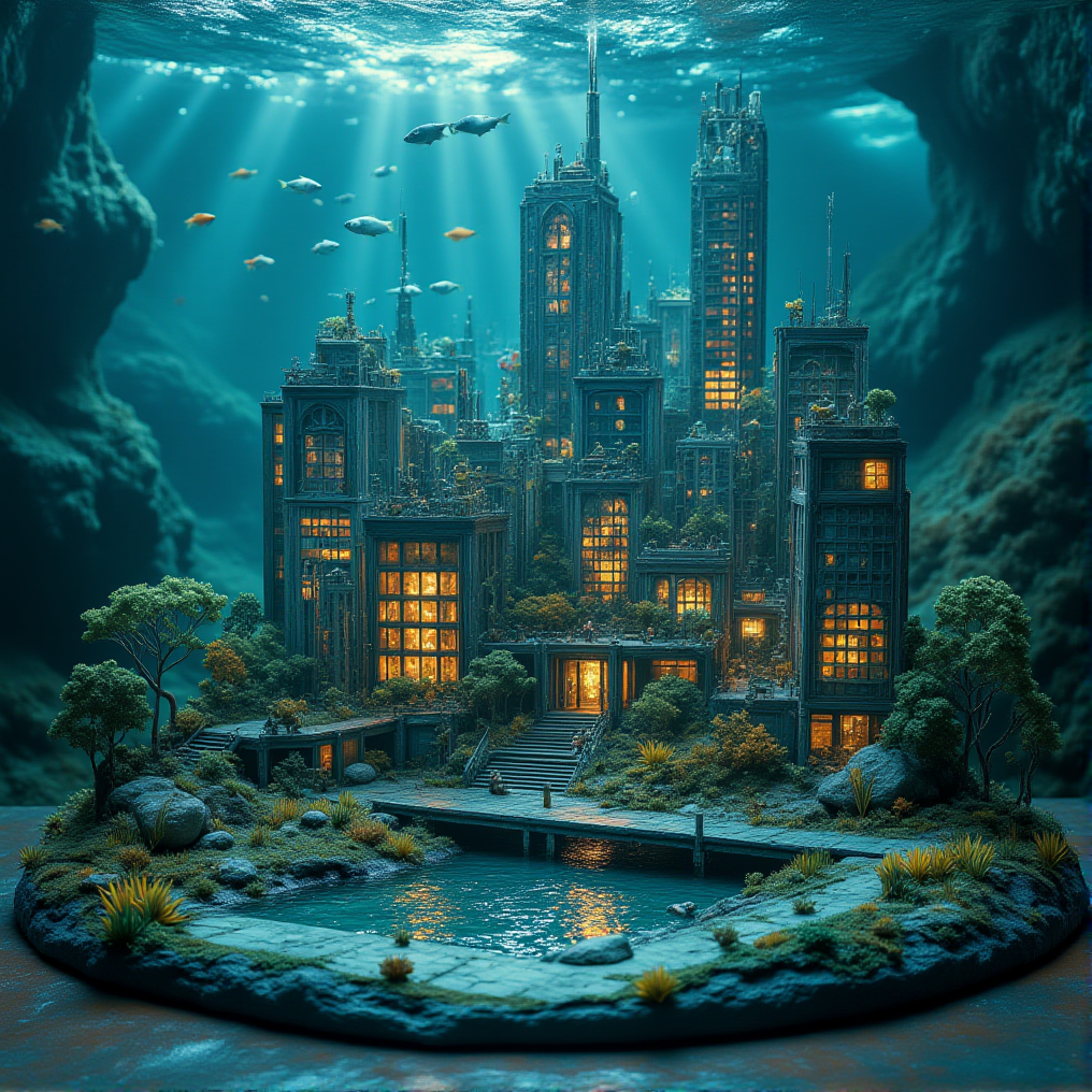A miniature diorama of an underwater city. Futuristic scenery, swimming fish. Cyberpunk, sci-fi, cinematic, <lora:Flux.1_Turbo_Detailer:0.7>, <lora:Diorama_Flux:0.9>