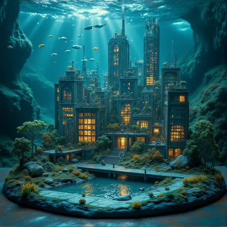 A miniature diorama of an underwater city. Futuristic scenery, swimming fish. Cyberpunk, sci-fi, cinematic, <lora:Flux.1_Turbo_Detailer:0.7>, <lora:Diorama_Flux:0.9>