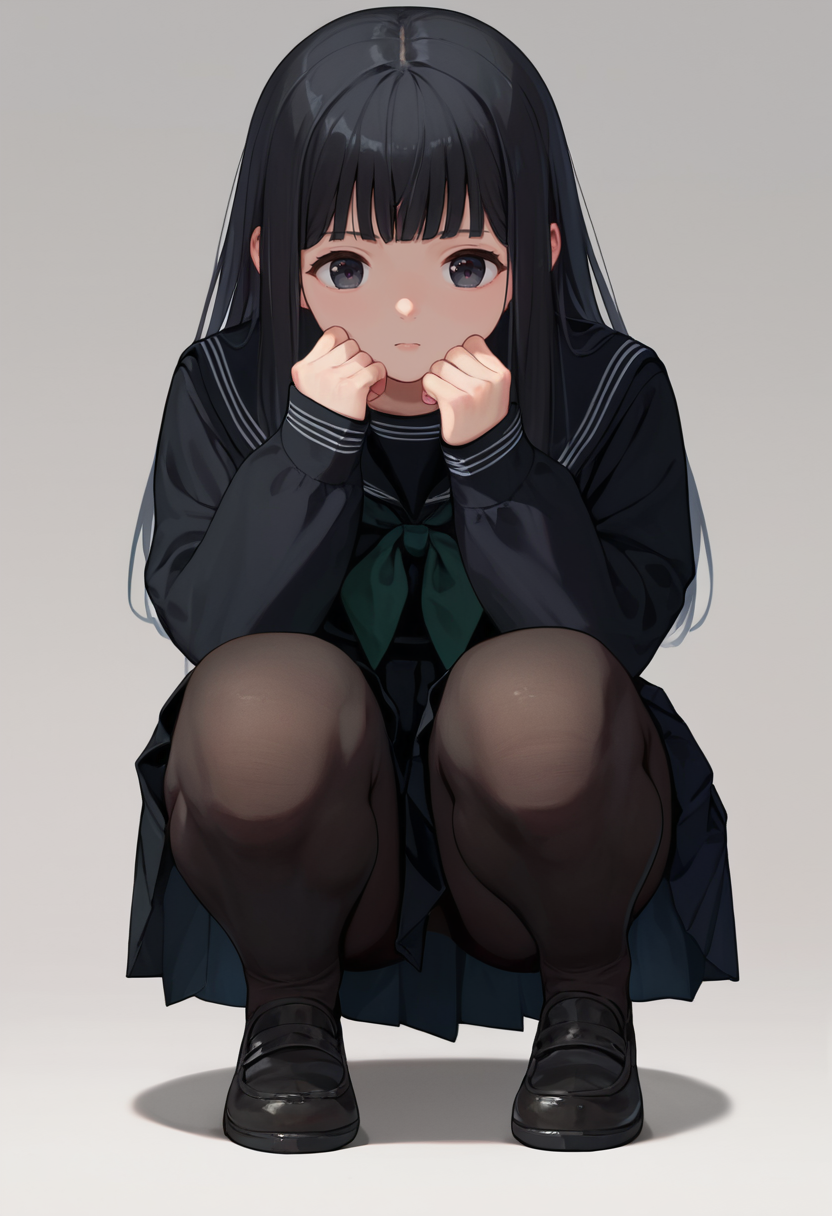 score_9, score_8_up, score_7_up, 1girl, Rinne, black hair, long hair, black eyes, black serafuku, long sleeves, green neckerchief,  black skirt, black pantyhose, squatting, front view,   <lora:Rinne new  7-000010:1>