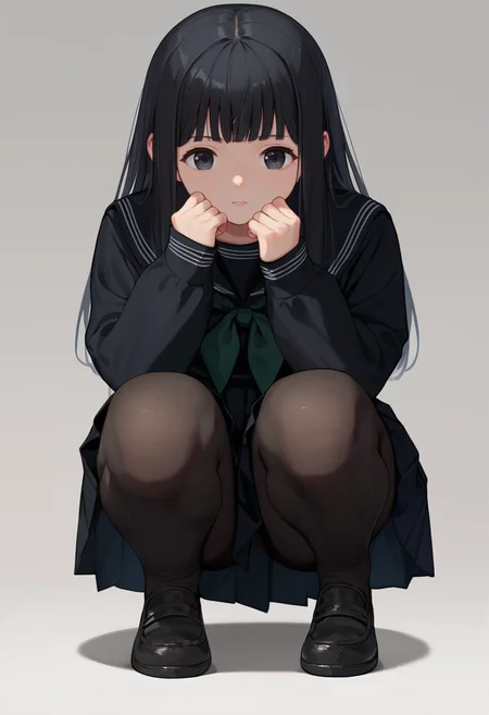score_9, score_8_up, score_7_up, 1girl, Rinne, black hair, long hair, black eyes, black serafuku, long sleeves, green neckerchief, black skirt, black pantyhose, squatting, front view, <lora:Rinne new 7-000010:1>