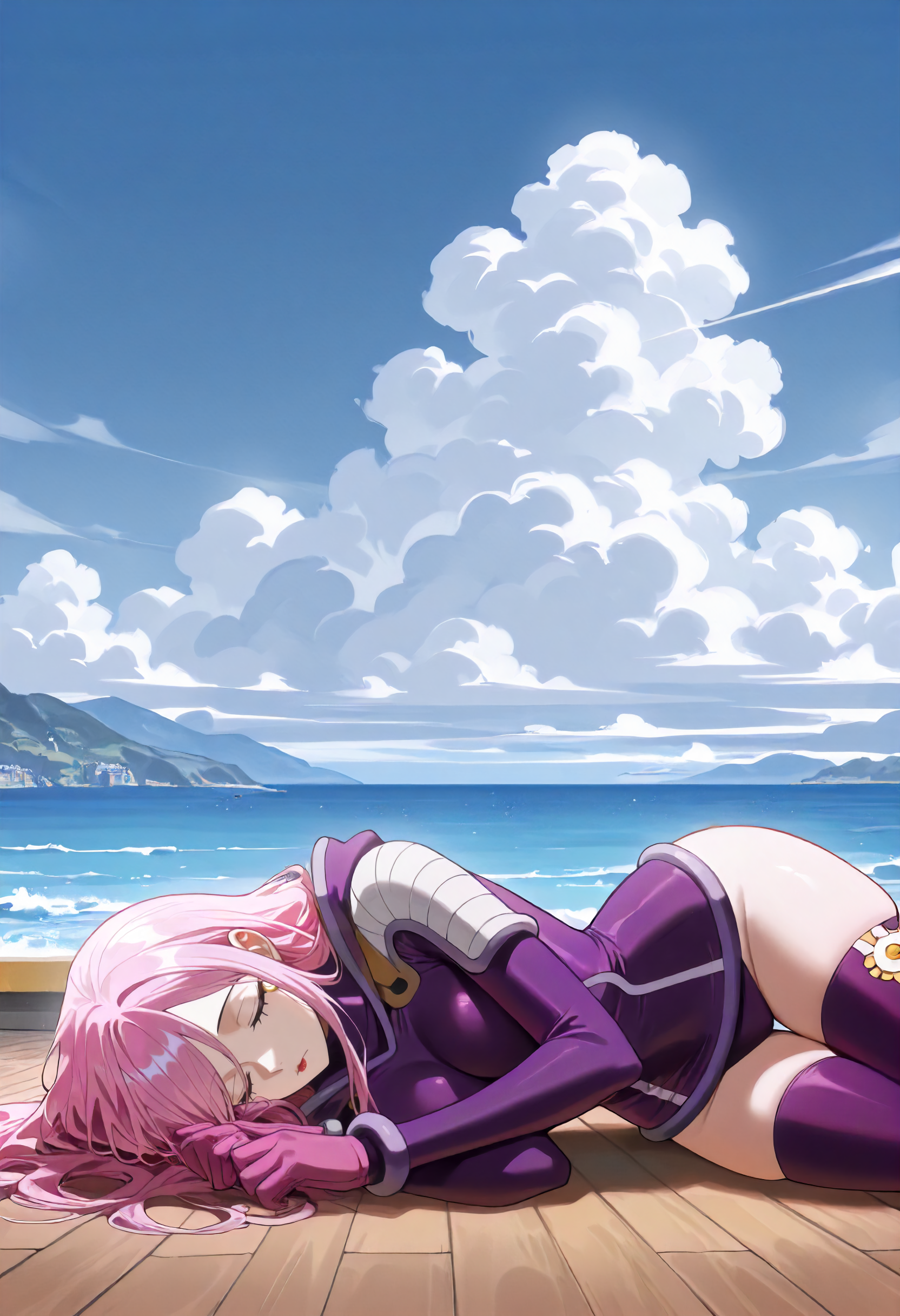 masterpiece, best quality, amazing quality, very aesthetic, absurdres, newest, scenery, volumetric lighting, ultra detailed, anime
1girl, Bonney_EH, solo, pink hair, long hair, cheekbone piercing, middle lipstick, purple eyes, 
purple bodysuit, single headphone, pink gloves, hood, belt, thigh cut, purple thigh highs,
lying, on side, sleeping, reddened eyes, closed eyes,
outdoors, wooden floor, clouds, sky, ocean, detailed background, beautiful frame,
<lora:Bonnie_-_One_Piece_-_Illustrious:1>
masterpiece, best quality, amazing quality, very aesthetic, absurdres, newest, scenery, volumetric lighting, ultra detailed,