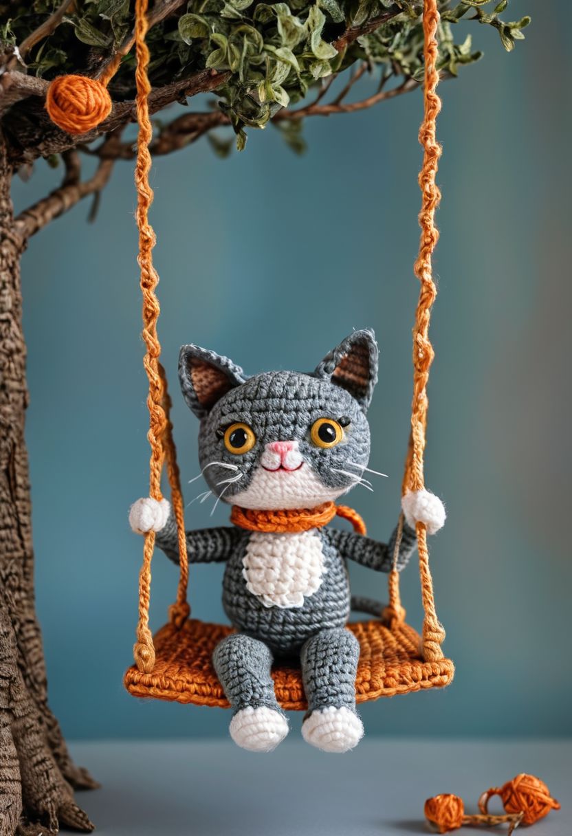 a cat enjoying himself on a swing from a tree, by saint exupery, crocheted style