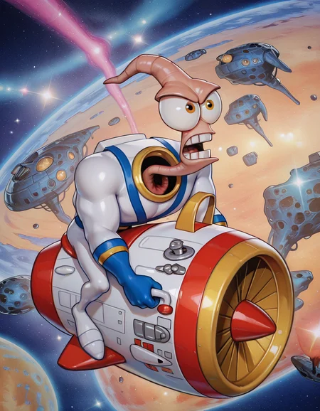 Masterpiece, hires, ((solo)) , Cartoon, 3d , render, smooth, cell-shading, Newest, detailed face and eyes, absurd detail, ultra detail, awesome picture, detailed skin, Beautiful background, dynamic pose, ((half body)), Strange place, space, groovy, solo, no human, ewj suit ,<lora:Earthworm_Jim:1> , on the space, planet, star, teeth, riding vehicle, rocket space,