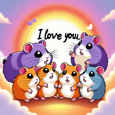 hamsters holding a sign with buzz text "Buzz Cuzz I love You", gathering together, rainbow, purple and orange sky, god rays, breaking sun.