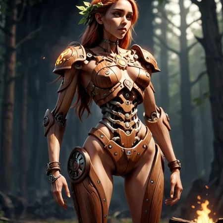 exposed chest barely covered, mechanical wooden exoskeletal mech