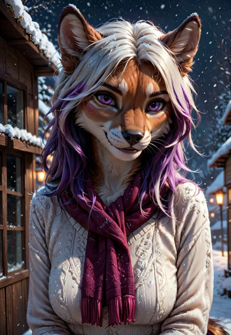 safe_pos, score_9, score_8_up, score_7_up, score_6_up, photorealistic, epiCPhotoGasm-colorfulPhoto, Realistic, highres, super high resolution, 8k, photo, furry, Furry, anthro, fur, female, realistic, detailed, tail, detailed fur, female,
score_9, score_8_up, score_7_up, score_6_up, 25 years old, perfect face, (adult), sexy, close view,
purple eyes,
multicolored hair, colored inner hair, white hair, purple glowing hair, purple glowing scarf,
white sweater,
winter, snowing, snowflakes,
blush, shy smile,
night,
