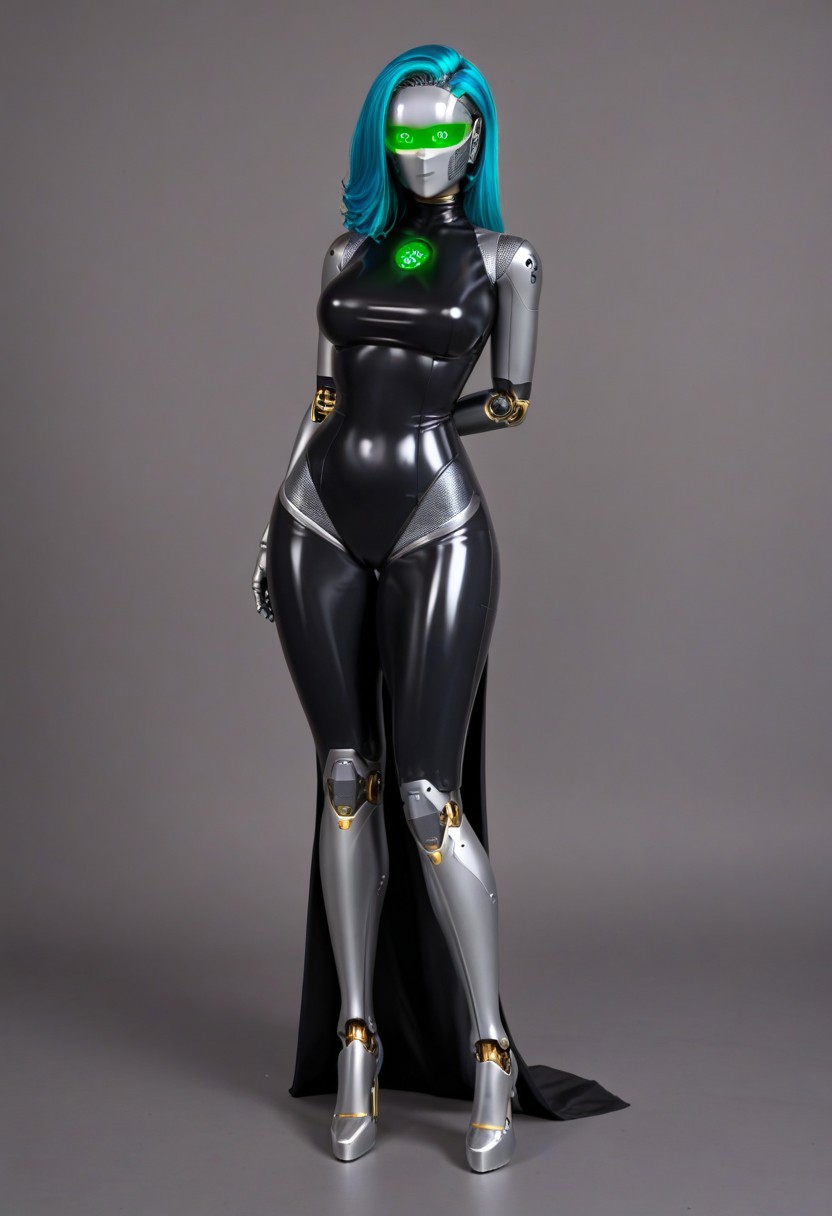 solo, A 35mm full length photo of  a beautiful 20 year old woman, she is a humanoid robot , robotic body, emerald green robotic eyes, freckles, smooth featureless silver grey robotic skin, robotic aerials, metallic dark blue hair, elegant black latex bodysuit with white trim
TheFaceLess