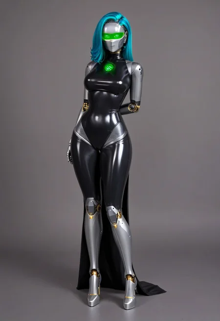 solo, A 35mm full length photo of a beautiful 20 year old woman, she is a humanoid robot , robotic body, emerald green robotic eyes, freckles, smooth featureless silver grey robotic skin, robotic aerials, metallic dark blue hair, elegant black latex bodysuit with white trim
TheFaceLess