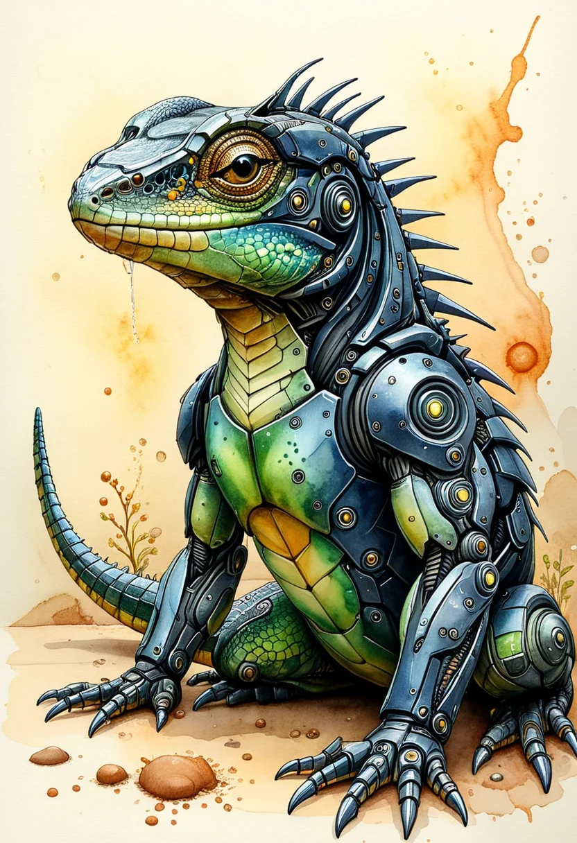 futuristic lizard with organic and cybertronic elements, watercolor painting, illustration, mobe-cybideen,