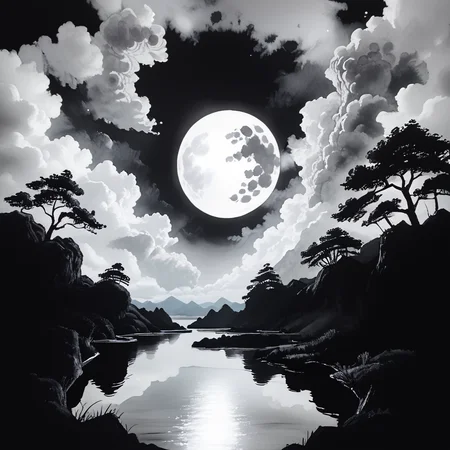 core_9, score_8_up, score_7_up, score_6_up, <lora:Zen_Ink_Wash_Sumi-e:1> ArsMJStyle, Zen Ink Wash Sumi-e, A black and white photo of a river with a full moon in the sky., no humans, monochrome, moon, scenery, outdoors, tree, cloud, sky, greyscale, full moon