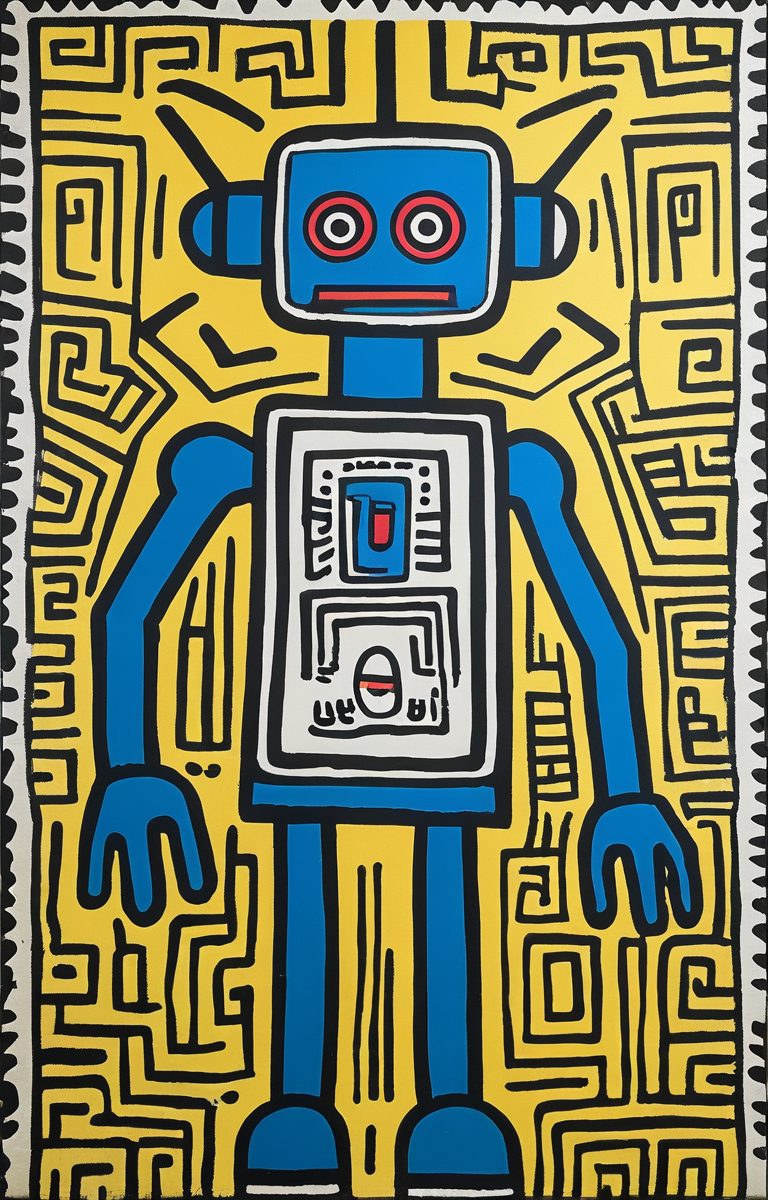 masterpiece,best quality,<lora:tbh164-sdxl:0.9>,illustration,style of Keith Haring, portrait of Housework robots