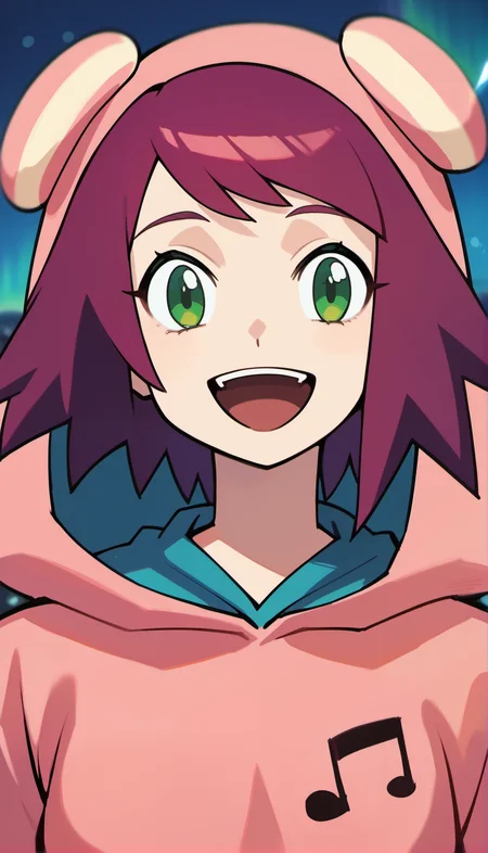 score_9,score_8_up,score_7_up,
<lora:soniastrumm:0.8>,
misorahibiki,
realistic,highres,
1girl,solo,
purple hair,short hair, bangs
green eyes,looking at viewer,open smile,
bear ears hooded hat,pink sweatshirt,a musical note printed on the hoodie,
portrait,
blurry background,
outdoors,night,starry background,shooting star,starry night,bloom,light particles,lens flare,cloud,lens flare abuse,cityscape,aurora,meteor shower,