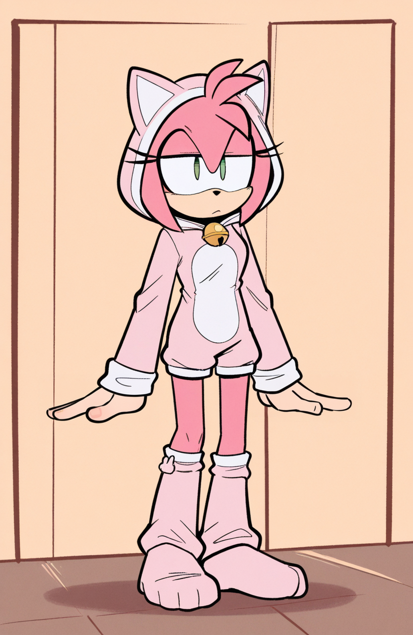 1girl, solo, animal pajamas, cat onesie, overknee socks, soft hood, bell accessory, standing, eyes averted, subdued frown, gentle posture, reflective sadness,
 <lora:qqLettuce:0.8> qqlttc, furry, amy rose, pink fur, green eyes, extremely detailed, highres, masterpiece, best quality