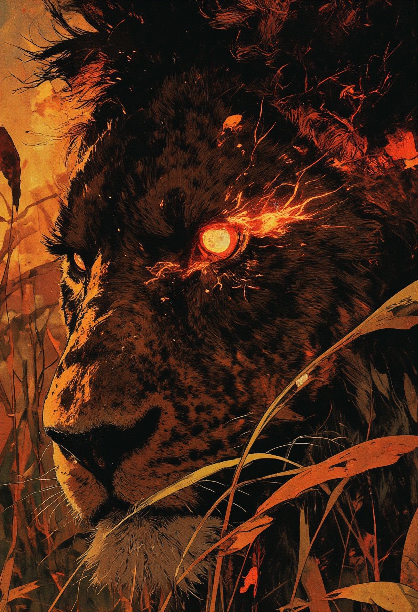 The frame is dominated by a single, piercing lion’s eye, burning with a crimson-red glow, the only focus of the extreme close-up. Positioned on one side of the frame, the image captures just half of the lion’s face, partially obscured by the tall, dry grasses of the Sahara, heightening the sense of mystery and power. The intricate mesh of white fractal lines sprawls across the iris, pulsating with an eerie luminescence, as if energy itself courses through its gaze. The fur, thick and coarse, ripples in shades of deep black and molten gold, every strand meticulously textured with an almost hyper-realistic detail. The skin surrounding the eye bears subtle scars and timeworn creases, a silent testament to battles fought and won. The swaying grasses cast fragmented shadows across its face, shifting with the breeze, creating a dynamic interplay of light and shadow. Light carves along the ridges of the brow, casting spectral highlights that dance across the fractal patterns, making them shimmer and shift like embers in a dying fire. The extreme close-up captures not just the raw power of the beast, but an ancient, untamed presence—primal, unrelenting, and watching.