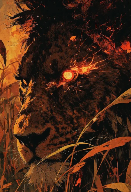 The frame is dominated by a single, piercing lion’s eye, burning with a crimson-red glow, the only focus of the extreme close-up. Positioned on one side of the frame, the image captures just half of the lion’s face, partially obscured by the tall, dry grasses of the Sahara, heightening the sense of mystery and power. The intricate mesh of white fractal lines sprawls across the iris, pulsating with an eerie luminescence, as if energy itself courses through its gaze. The fur, thick and coarse, ripples in shades of deep black and molten gold, every strand meticulously textured with an almost hyper-realistic detail. The skin surrounding the eye bears subtle scars and timeworn creases, a silent testament to battles fought and won. The swaying grasses cast fragmented shadows across its face, shifting with the breeze, creating a dynamic interplay of light and shadow. Light carves along the ridges of the brow, casting spectral highlights that dance across the fractal patterns, making them shimmer and shift like embers in a dying fire. The extreme close-up captures not just the raw power of the beast, but an ancient, untamed presence—primal, unrelenting, and watching.