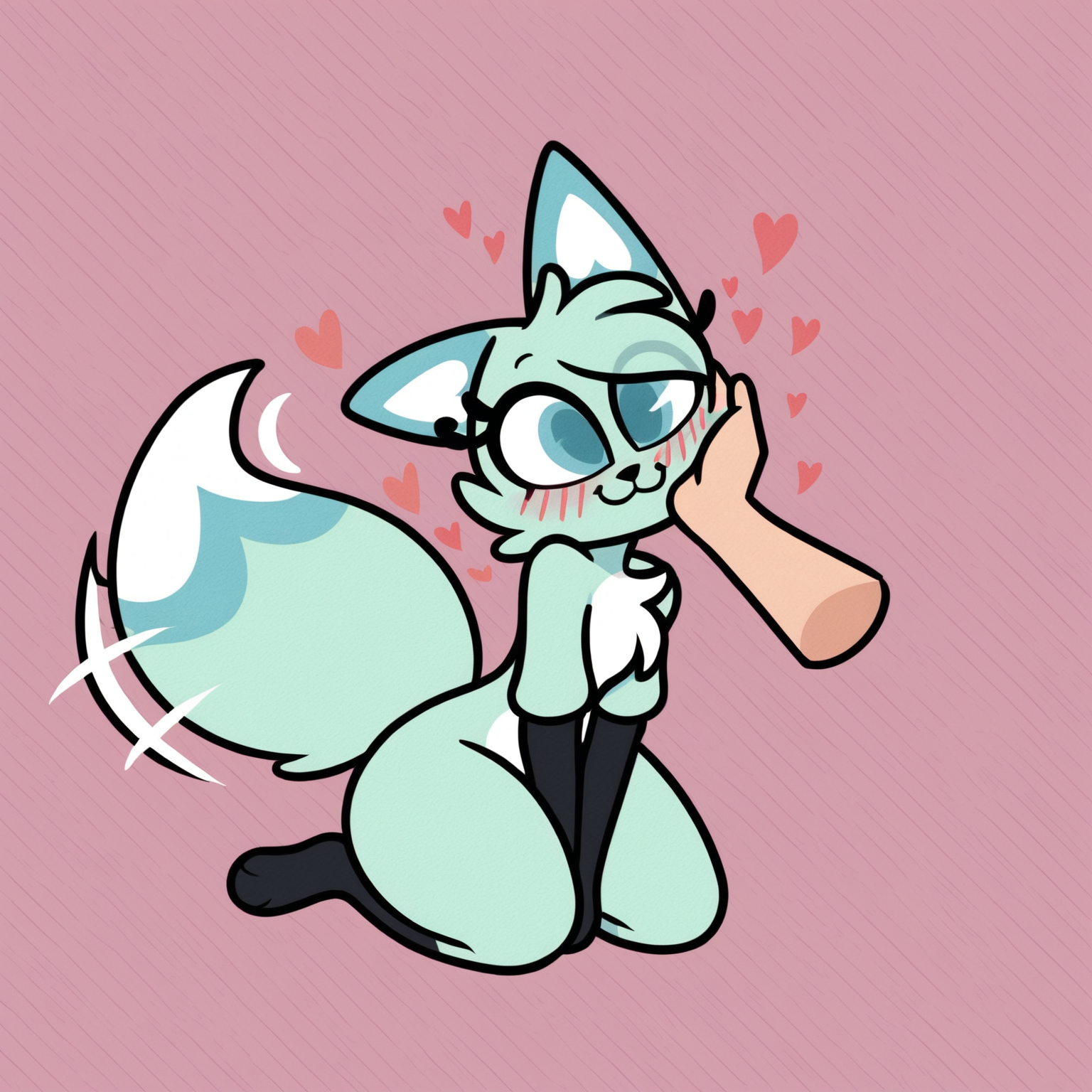 score_9, score_8_up <lora:Slushi-PONY:0.8> slushi, female, solo, simple background, full body, leaning forward, cute, head tilt, tailwag, tail raised, tail motion, fluffy tail, own hands on thighs, hearts, happy, body fur, chest fur tuft, :3, blush lines, kneeling, fluffy fur, ear fur tuft, fluffy, off-shoulder, purring BREAK human, disembodied hand, hand on face, scratching chin, rubbing face, anon, solo