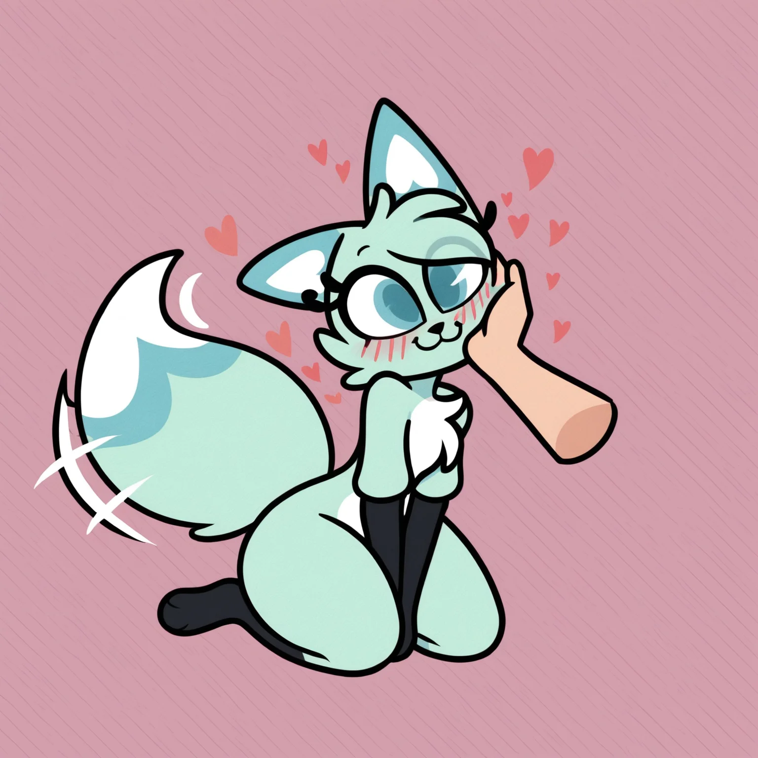 score_9, score_8_up <lora:Slushi-PONY:0.8> slushi, female, solo, simple background, full body, leaning forward, cute, head tilt, tailwag, tail raised, tail motion, fluffy tail, own hands on thighs, hearts, happy, body fur, chest fur tuft, :3, blush lines, kneeling, fluffy fur, ear fur tuft, fluffy, off-shoulder, purring BREAK human, disembodied hand, hand on face, scratching chin, rubbing face, anon, solo