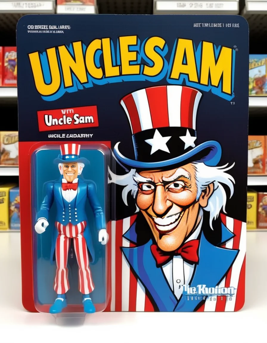 An ultra-realistic, photograph-like portrayal of Uncle Sam, featuring his iconic top hat, white hair, and stern, yet inviting expression. On the packaging to his side, there's a cartoon version of Uncle Sam, vibrant and exaggerated in contrast to the lifelike main image. Next to the packaging, a meticulously detailed Uncle Sam figurine stands, mirroring the cartoon image, but with a tangible, three-dimensional quality.<lora:gonza_v2:0.75>