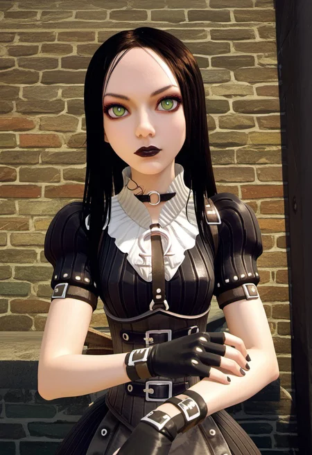 SCORE_9, SOURCE_ANIME, PORTRAIT, ALICE LIDDELL, BLACK HAIR, GREEN EYES, DRESS, FINGERLESS GLOVES, BLACK LIPSTICK, GOTH, CHOKER
