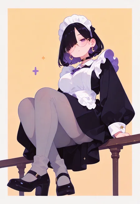 masterpiece, best quality, good quality, very aesthetic, absurdres, newest, 8K, viewed from below, legs focus, legs awe, full body, perspective, BREAK
side portrait of stunning girl sitting, legs crossed, bangs, black hair, bobcut hair, purple eyes, choker, hair over one eye, (rimless big round glasses), large breasts, earrings, ear pierces, ultra detailed decorative victorian gossamer clothes, very short tight black maid dress, maid apron, multi colored hair, grey tights, black pumps,
simple pastel red background with thick white border,
directional lighting, BREAK half closed eyes, blushing, unfocused eyes, slightly parted lips, distant gaze, emotionless look,
chubby legs, thick legs, skindentation, thick ankles,
ultra-realistic, Flatline, Flat vector illustration, haiz_ai, no lineart, no outline,
pplegs, 748cmstyle,
<lora:haiz_ai_illu:0.8> <lora:flatline:1.65> <lora:ponyv6_noobE11_2_adamW:0.25> <lora:Slider-LimbWidth:1.5> <lora:Slider-LegLength:-1.5> <lora:v0.04_Concept_pony:0.29> <lora:748cmSDXL:0.45>