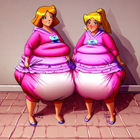 clover, totally spies, fat, female, diaper, puffy diaper, big diaper, waddle, huge diaper, chubby, onesie, massive diaper, baby clothes, ruffled skirt, confident,