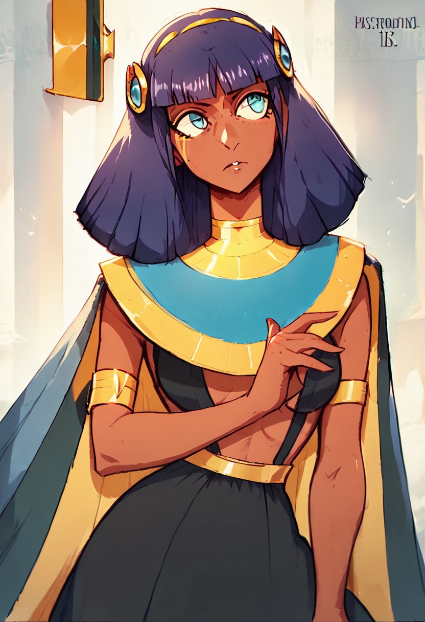 score_9, score_8_up, score_7_up, score_6_up, score_5_up, Isis DLH, 1girl, solo, long hair, bangs, blue eyes, hair ornament, purple hair, dark skin, blunt bangs, dark-skinned female, cape, armlet, bob cut, egyptian clothes, black dress