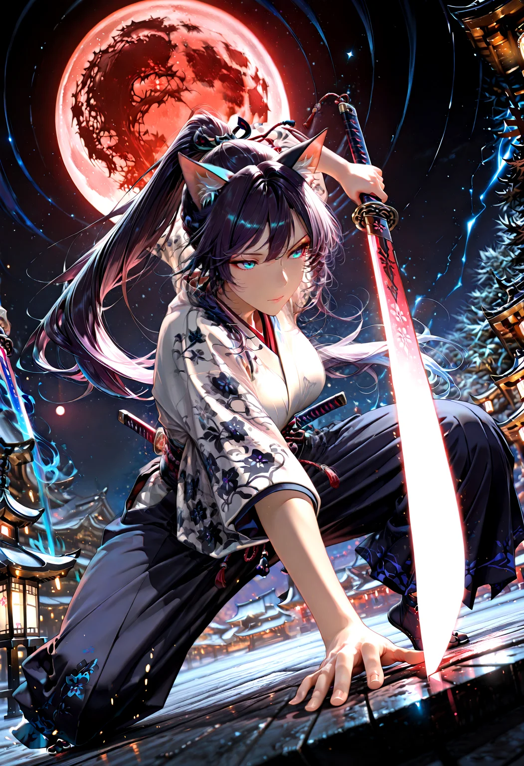 (cat ears:1.5)1girl,solo, long hair, high ponytail, portrait, close-up, dutch angle, (from below:1.3), outdoor, midnight, starrain, starfall, crimson full moon, motion blur, depth of field,(glowing sword:1.3)
(from side:1.3)fighting position, holding sword, sword infront of face, tathered clothes, bloody cloths, traditional japanese samurai outfit, bokeh, Chiaroscuro,foreshortening, blurry, stars, masterpiece, best quality, detailed, detailed background, detailed clothing, detailed hair, skin folds, intricate, volumetric lighting, dramatic lighting, very awa, very aesthetic, dynamic, cinematic,lazypos, , Jeddtl02, dynamic pose, foreshortening, extreme perspective