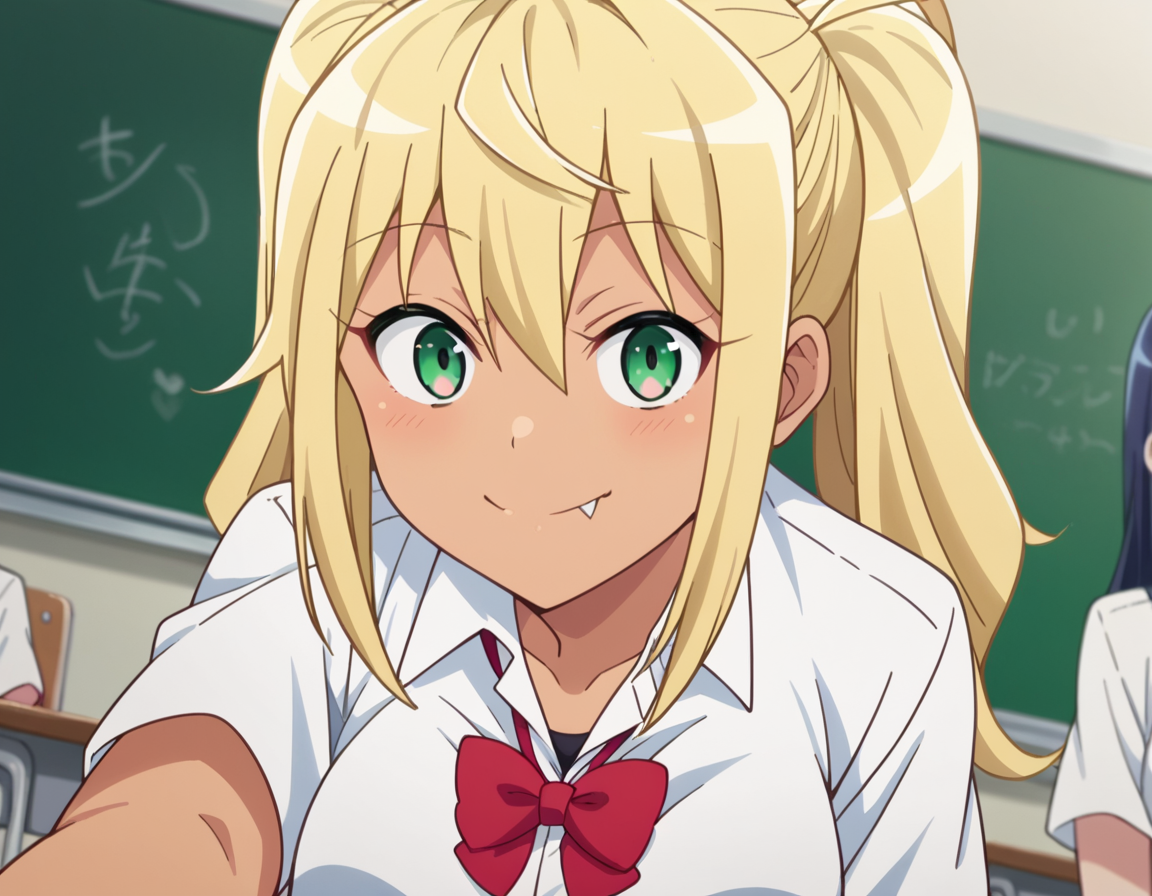 score_9, score_8_up, score_7_up, source_anime,
hibikisakura, <lora:hibiki-sakura-s1-ponyxl-lora-nochekaiser:1>
hibiki sakura, long hair, blonde hair, hair between eyes, twintails, green eyes, fang, dark skin, dark-skinned female, gyaru, mature female,
skirt, shirt, bow, school uniform, white shirt, short sleeves, collared shirt, bowtie, red bow, red bowtie,
indoors, classroom, smile, bent over,
looking at viewer, dutch angle, cowboy shot