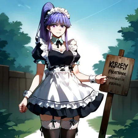 zPDXL3, score_9_up, score_8_up, score_7_up, (Anime_source), 1girl, standing, looking at viewer, smiling, ZhaoYa, lavender eyes, lavender hair, long hair, braid, Ponytail, maid apron, maid, maid headdress, thighhighs, wrist cuffs, garter belt, standing, sign peace,