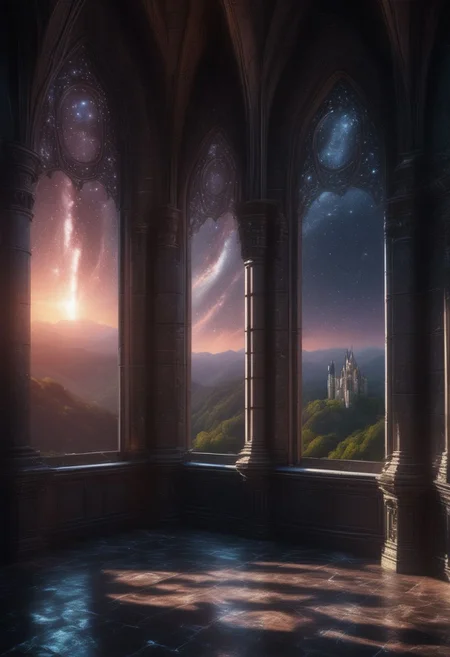 an abandoned Gothic castle with views of extraterrestrial galaxies from the windows. 4k, high-detail hyperrealism, HD quality, high-detail masterpiece. 4k, high-detail hyperrealism, HD quality, high-detail masterpiece